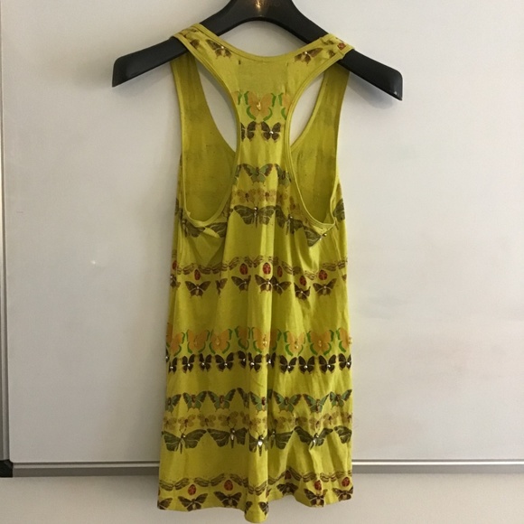 Meghan butterfly print yellow tank top w beading - Picture 4 of 4